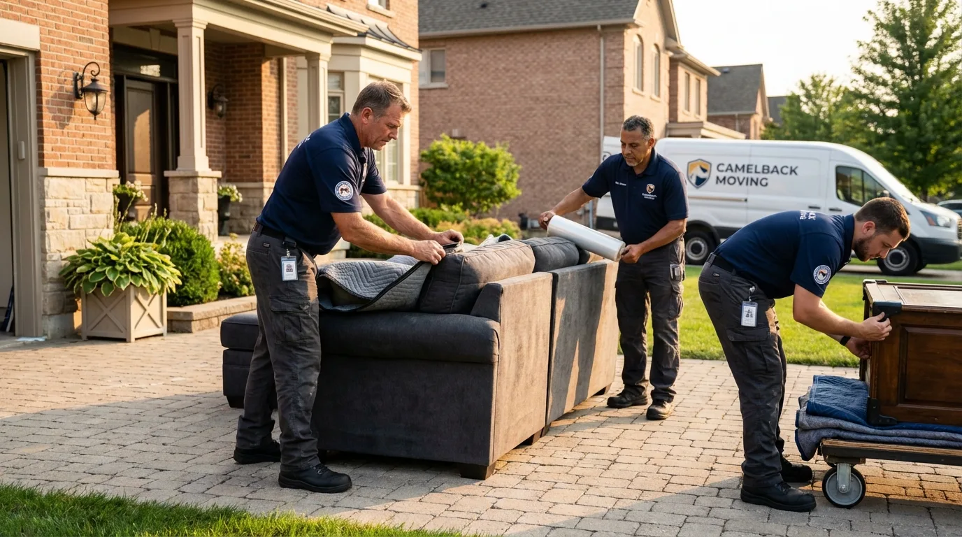 Large estate moving crew wrapping furniture in Farley, IA