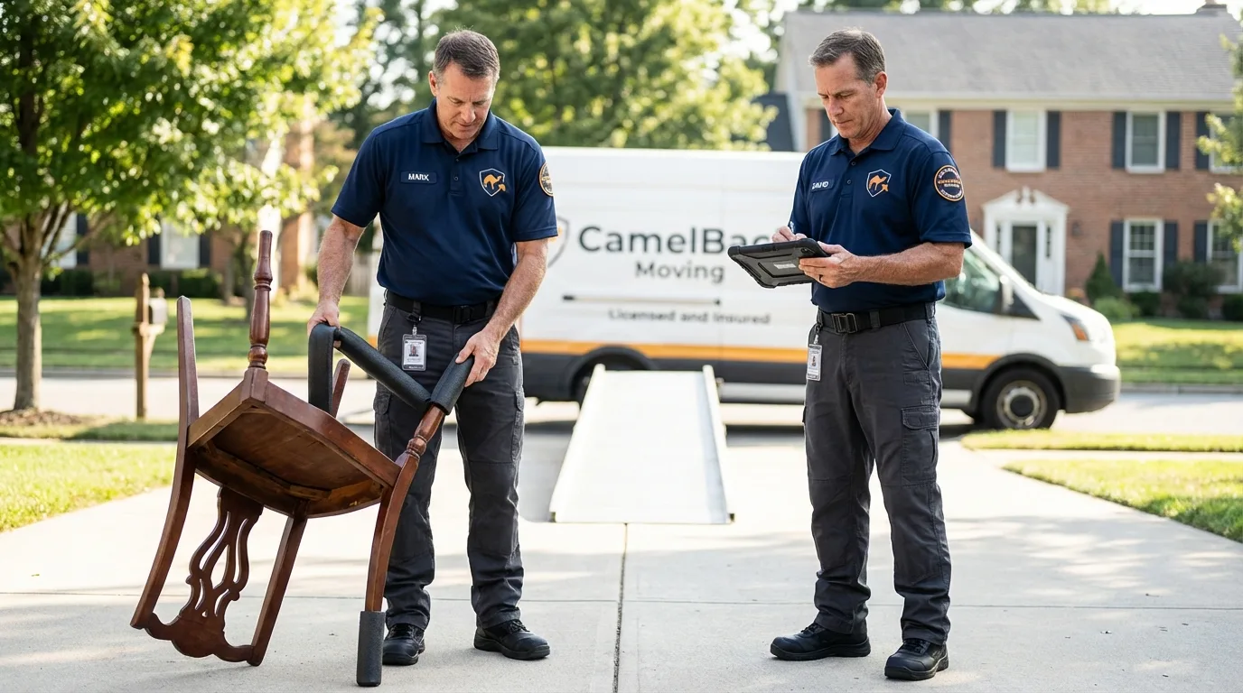 Movers inspecting furniture for damage prevention before loading in Farley, IA