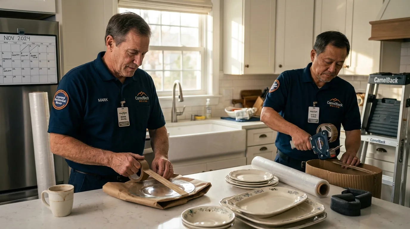 Professional crew packing kitchen dishware in Farley, IA